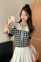 Short Sleeve Drawstring Cute Plaid Doll Collar Shirt